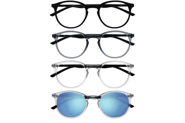 OPULIZE Met 4 Pack Reading Glasses with Sun Reader Large Round Black Grey Transparent Men Women +0.00