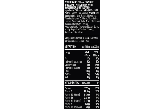 FUEL10K Cookies & Cream High Protein Shake 8 x 330ml – 25g Protein, Gluten Free