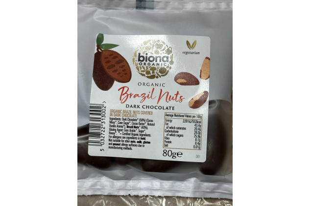 Biona Organic Dark Chocolate Covered Brazil Nuts 80g – Vegetarian, GMO Free