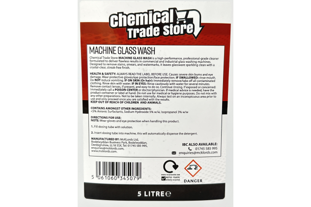 Chemical Trade - Professional Machine Glass Wash 5L, Crystal-Clear Stain-Free Glass Cleaner for Commercial Dishwashers, Eliminate Watermarks, Fast-Drying Formula