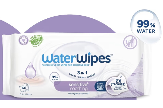 WaterWipes Sensitive+ Soothing Wipes, 99% Water, Unscented