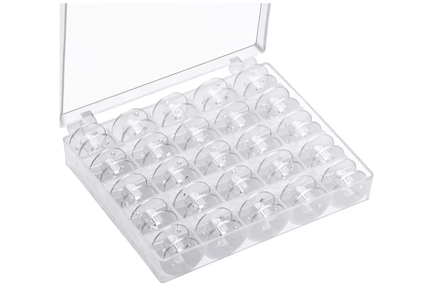 25 Clear Plastic Sewing Machine Bobbins with Storage Case – Compatible with Brother, Singer, Janome, Elna, Toyota & Bernina