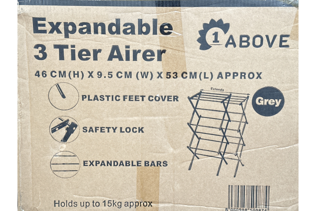 3 Tier Expandable Clothes Airer, 7.5 Metres of Drying Space, Lightweight, Compact, Folds Away for Convenient Storage, Cool Grey, Steel, One Size | Opened Outer Box - Unused Item