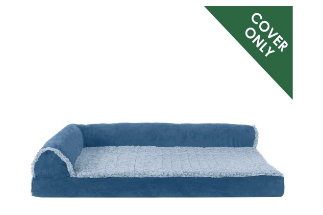 FurHaven Pet Dog Bed Cover Two Tone Plush Faux Fur and Suede L Shaped Chaise Lounge Corner Couch Pet Cover for Dogs and Cats, Marine Blue, Jumbo