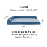 FurHaven Pet Dog Bed Cover Two Tone Plush Faux Fur and Suede L Shaped Chaise Lounge Corner Couch Pet Cover for Dogs and Cats, Marine Blue, Jumbo