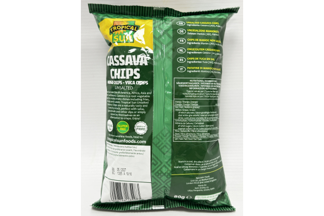 Tropical Sun Unsalted Cassava Chips 80g – Gluten Free & Source of Fibre – Pack of 6