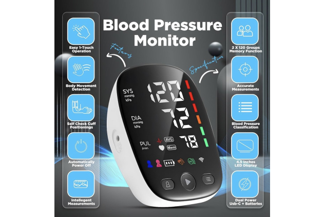 Blood Pressure Monitors with Mobile Connectivity & LED Backlight Display Heart Rate Detection 2x120 Records Automatic Upper Arm Blood Pressure Monitor for Home Use Large Blood Pressure Cuff 22-42cm
