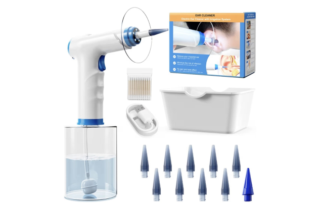 Electric Ear Wax Removal Ear Cleaner Kit with Cotton Swabs, Blue 500ML Big Water Tank, 9+1 Silicone Tips, 4 Pressure Modes