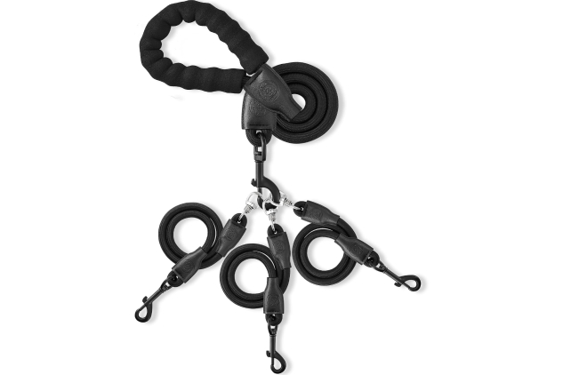 Heavy Duty Three Dog Leash, No Tangle Detachable 360° Swivel Device, Multiple Leash With Padded Handle for Walking and Training Two/Three Way (Black, L/30-135 Ibs)