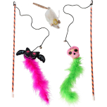DINGO Cat Toys Set: 2 Wands with Feathered-Tailed Creepy Monsters and 1 Cat Toy Angelo Mouse with a Catnip, 3 Toys with Bells, Soft and Attractive Textures for Cat (Z30036)