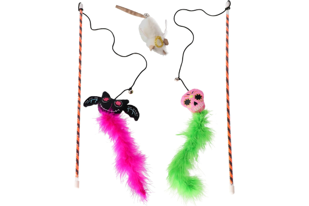 DINGO Cat Toys Set: 2 Wands with Feathered-Tailed Creepy Monsters and 1 Cat Toy Angelo Mouse with a Catnip, 3 Toys with Bells, Soft and Attractive Textures for Cat (Z30036)