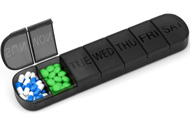 Black Weekly Pill Box Organiser with Upgraded Open Design | Premium Quality 7 Day Travel Tablet Box | Portable Pill Case for Medications, Vitamins, and Supplements