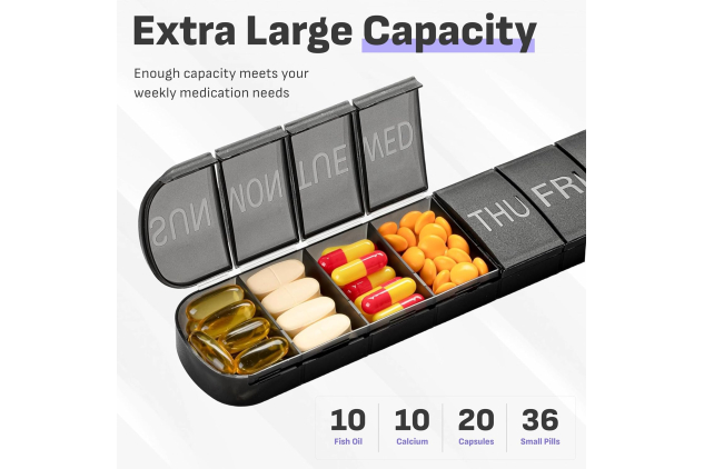 Black Weekly Pill Box Organiser with Upgraded Open Design | Premium Quality 7 Day Travel Tablet Box | Portable Pill Case for Medications, Vitamins, and Supplements