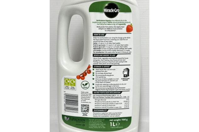 Miracle-Gro Performance Organic Fruit & Vegetable Liquid Concentrate Food 2 X 1 Litre