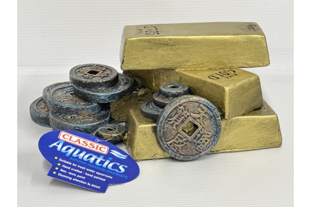 CLASSIC Large Gold Bars & Coins Aquarium Ornament – 240mm | Treasure Chest Decoration