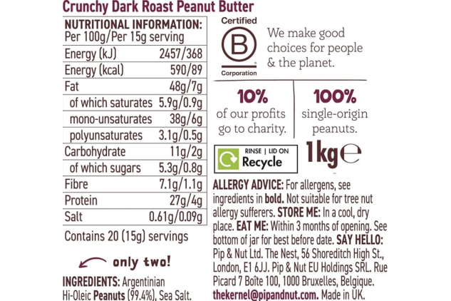 Pip & Nut Ultimate Crunchy Dark Roast Peanut Butter 1kg | Natural Peanut Butter | No Palm Oil | Vegan | Gluten Free